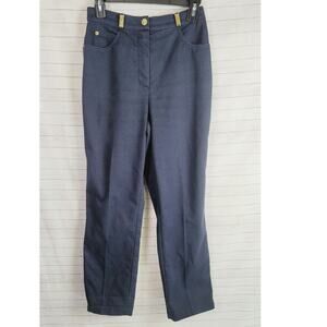 ST. JOHN Dark Navy Twill Straight Pants w Gold Logo Belt Hoops, sz 2
